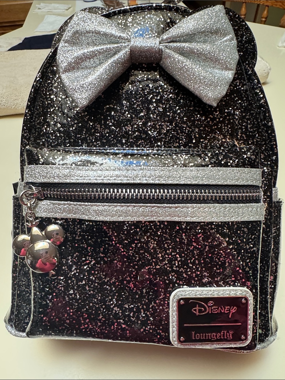 Loungefly Black and Silver Glitter Mini Backpack with Silver Bow